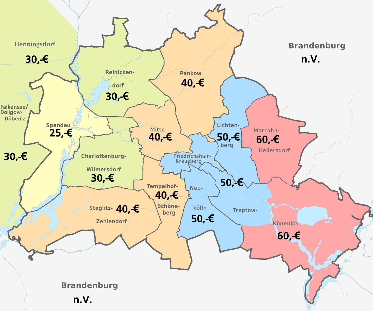 Stadtkarte mit den Lieferpreisen des FAIRKAUFHAUS nach Bezirken